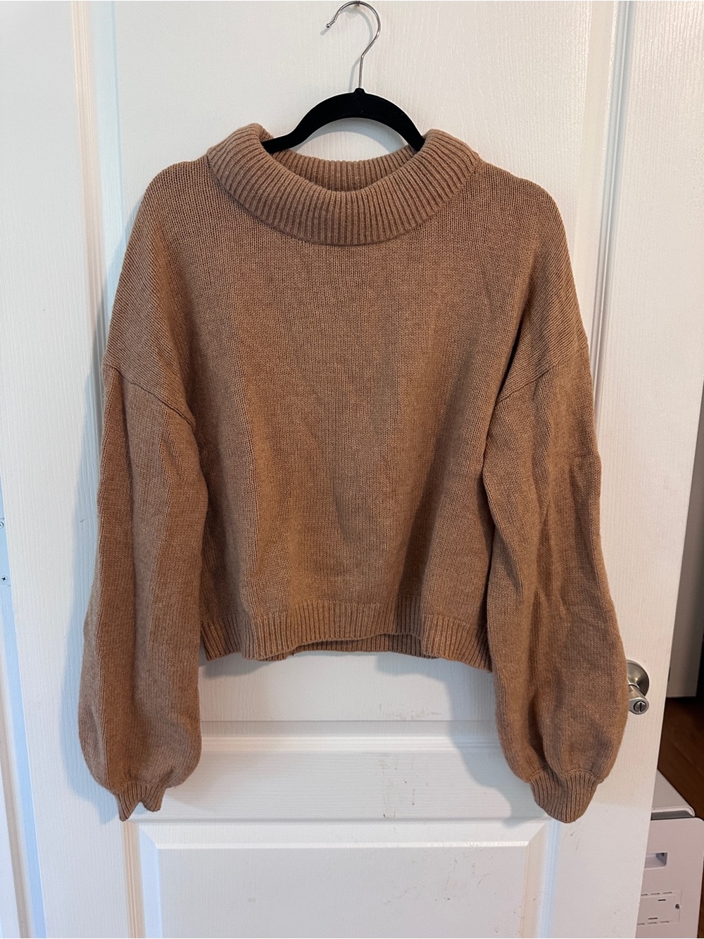 Something Navy Cropped Balloon-Sleeve Sweater in Camel - Picture 1 of 4